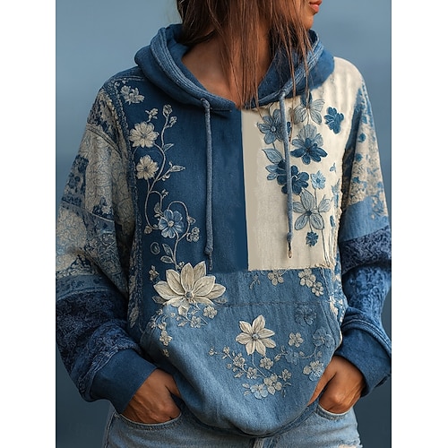  Dames Trui met capuchon Sweatshirt Bloemig Grafisch Casual Boho Lange mouw Capuchon Normale tops Straat Dagelijks gebruik Lapwerk Afdrukken Voorvak Lichtgroen Donker Roze Marineblauw Lente Herfst