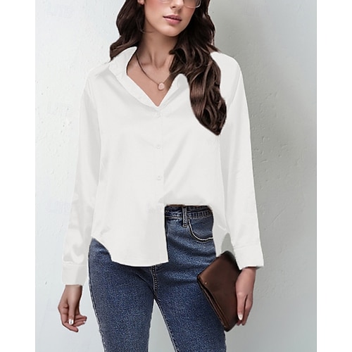  Per donna Camicia Camicia in raso Tinta unica Elegante Essenziale Casual Manica Lunga Colletto a Camicia Top Regolari Quotidiano Uscire Bottoni Bianco Giallo Blu Reale Viola Marrone Primavera Autunno