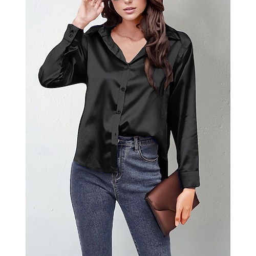  Per donna Camicia Camicia in raso Semplice Elegante Casual Manica Lunga Colletto a Camicia Top Regolari Quotidiano Uscire Bottoni Nero Rosa Vino Rosso Blu marino Primavera Autunno