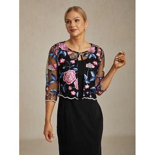  Dam Kavaj Lättvikt Spets Broderad Elegant Blommig Formell Kort Rund halsringning Normal 3/4 ärm Ytterkläder Fuchsia Sommar Vår