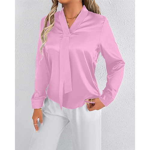  Femmes Chemise Chemise en satin Couleur Unie Élégant Occasionnel manche longue Col en V Hauts Réguliers Quotidien Sortir Nœud devant Rose Claire Rouge Printemps Automne