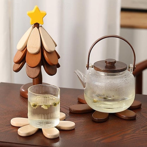  Dessous de verre en bois résistant à la chaleur pour sapin de Noël, sets de table créatifs en forme d'arbre pour la cuisine et la salle à manger, adaptés aux bols, théières, plateaux à boissons,