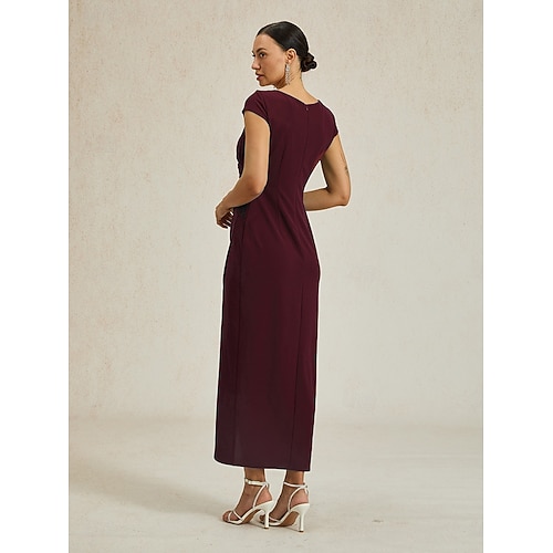 Femmes Robe maxi Robe fourreau Élégant Coupe régulière Couleur Unie Manche Courte Col en V Vin Été Printemps