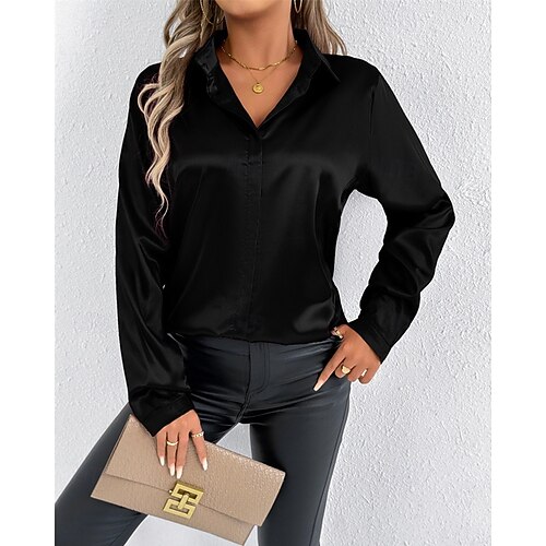  Per donna Camicia Camicia in raso Tinta unica Elegante Casual Manica Lunga Colletto a Camicia Top Regolari Quotidiano Uscire Bottoni Nero Bianco Beige Primavera Autunno
