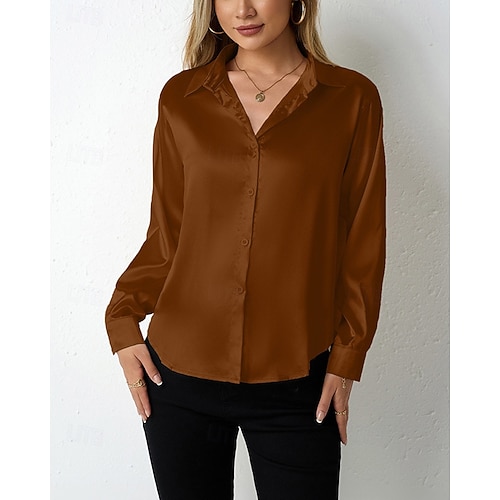  Per donna Camicia Camicia in raso Tinta unica Vintage Tropicale Elegante Manica Lunga Scollo a V Colletto a Camicia Top Regolari Quotidiano Uscire Bottoni Nero Cammello Marrone Grigio scuro Grigio
