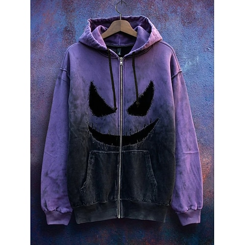  Femmes Sweats à capuche zippés Graphique Crâne Potiron Punk Mode Rétro manche longue À capuche Hauts Réguliers Rue Tenue Quotidienne Occasionnel Patchwork Fermeture éclair Avec Poches Violet Automne