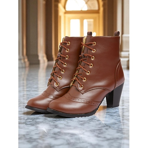  Dámské vintage hnědé šněrovací kotníkové boty brogue z 50. let – kožené kotníkové boty s kulatou špičkou na podpatku vhodné pro retro outfity, každodenní nošení a podzimní módu