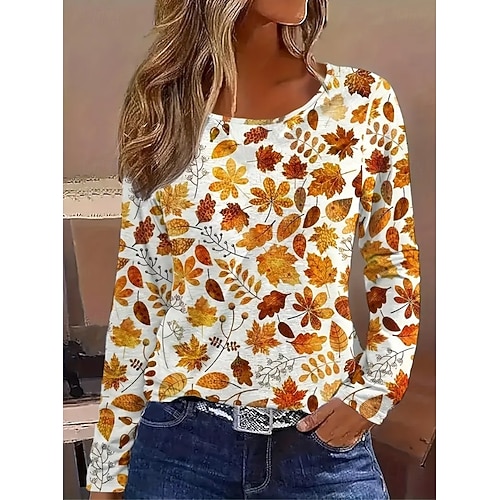  Femmes T-shirt Graphique Plantes ancien Élégant Classique manche longue Col ras du cou Col rond Hauts Réguliers Quotidien Imprimé Orange Vert Blanc Ecru Printemps Automne Hiver