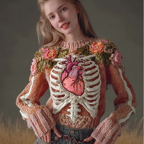  Halloween dámský svetr kostra roztomilý streetwear casual grafika kostra kulatý výstřih patchwork pletený dlouhý rukáv běžné topy pletená černá růžová podzim zima