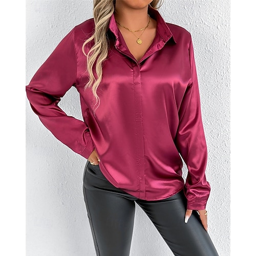  Per donna Camicia Camicia in raso Tinta unica Elegante Essenziale Casual Manica Lunga Colletto a Camicia Top Regolari Quotidiano Uscire Bottoni Rosso Blu marino Blu Reale Primavera Autunno