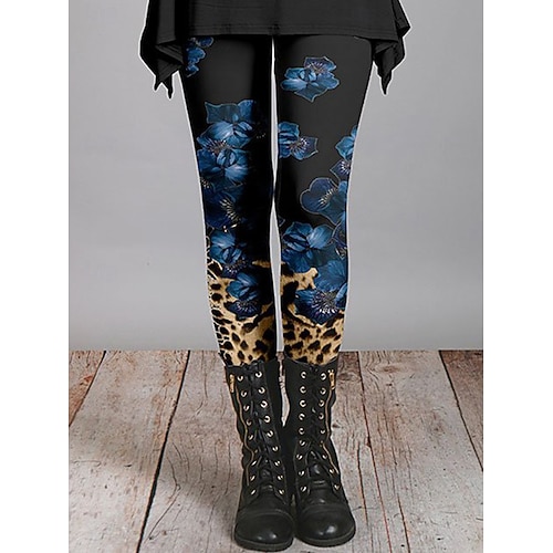  Damskie Getry Urlop Zabytkowe Moda Do kostek Wysoka talia Kwiaty Graficzny Kształt listka Drukowanie Keep Warm Miękka Oddychający Elastyczny Urlop Ulica Czarny Czerwony Granatowy Niebieski Wiosna