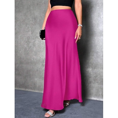  Femmes Jupe Moulant Élégant Mode Maxi Taille haute Jupes Uni Micro-Élastique Soirée Rue Noir Fuchsia Vert Kaki Printemps Satin Polyester