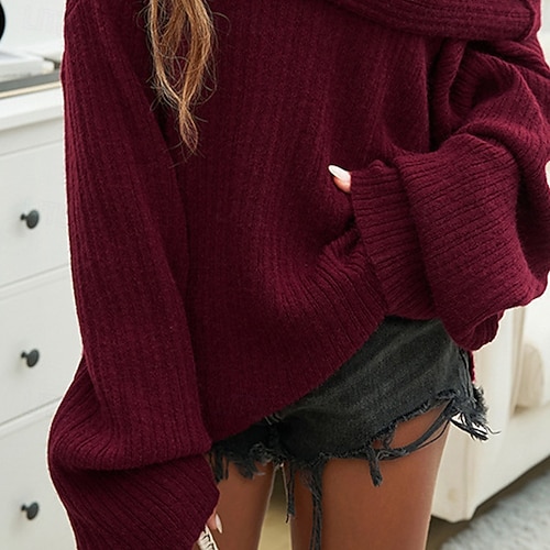  Femmes Pull Mode Streetwear Occasionnel Couleur Unie Côtelé Épaules Dénudées Tricoté manche longue Hauts Réguliers Tricoter Extérieur Quotidien Week-end Rouge vin Automne Hiver