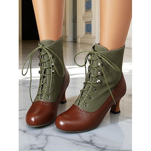  Botas femininas estilo vitoriano vintage, estilo anos 1920, com cadarço – botas de salto bicolores, marrom e verde-oliva, com detalhes em brogue para cosplay, steampunk e looks de outono