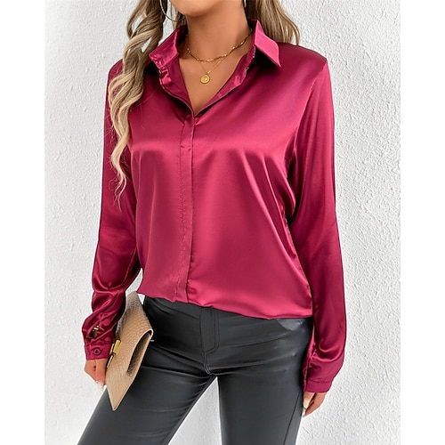  Per donna Camicia Camicia in raso Tinta unica Elegante Essenziale Casual Manica Lunga Colletto a Camicia Top Regolari Quotidiano Uscire Bottoni Rosso Blu marino Blu Reale Primavera Autunno
