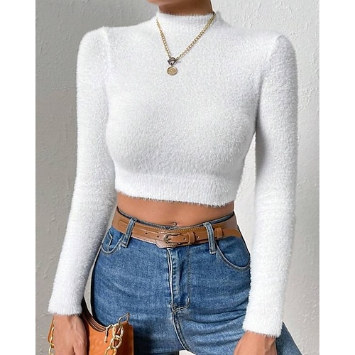  Femmes Pull Mode Occasionnel Couleur Unie Côtelé Col montant Tricoté manche longue Hauts Réguliers Tricoter Extérieur Quotidien Week-end Noir Blanche Automne Hiver