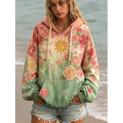  Dames Trui met capuchon Sweatshirt Bloemig Grafisch Casual Boho Lange mouw Capuchon Normale tops Straat Dagelijks gebruik Lapwerk Afdrukken Voorvak Lichtgroen Donker Roze Marineblauw Lente Herfst