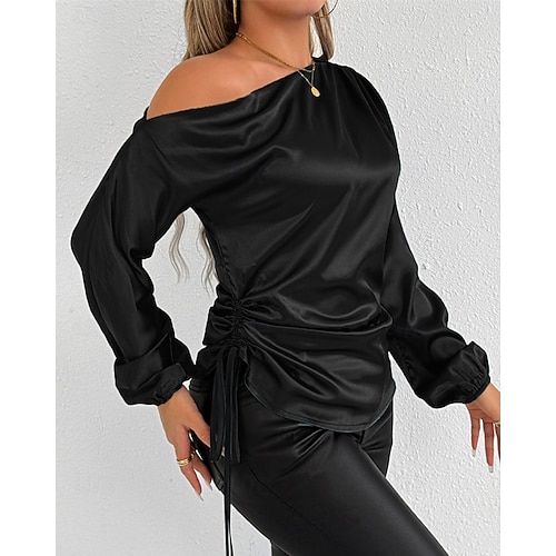  Dames Overhemd Satijnen overhemd Effen Stijlvol Casual Lange mouw koude schouder Normale tops Dagelijks Uitgaan Asymmetrisch Zwart Groen Lente Herfst