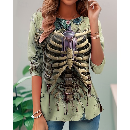  ハロウィン レディース Tシャツ スケルトン スカル グラフィック スケルトン ヴィンテージ ファッション スタイリッシュ 長袖 クルーネック ラウンドネック レギュラー トップス デイリー ウィークエンド プリント イエロー ピンク パープル グリーン 夏 春 秋