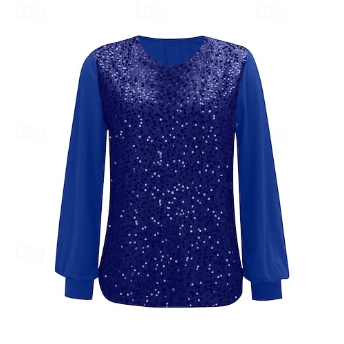  Femmes T-shirt Couleur Unie Mode Élégant Classique manche longue Col rond Hauts Réguliers Quotidien Week-end Paillettes Patchwork Bleu Printemps Automne