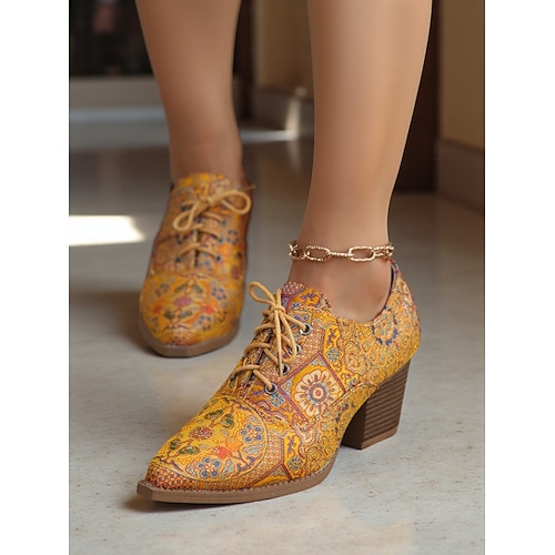  scarpe col tacco oxford stringate con motivo paisley vintage anni '50 da donna - scarpe eleganti con tacco a blocco retrò per professionisti artistici e abbigliamento da ufficio autunnale