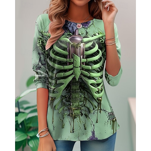  ハロウィン レディース Tシャツ スケルトン スカル グラフィック スケルトン ヴィンテージ ファッション スタイリッシュ 長袖 クルーネック ラウンドネック レギュラー トップス デイリー ウィークエンド プリント イエロー ピンク パープル グリーン 夏 春 秋