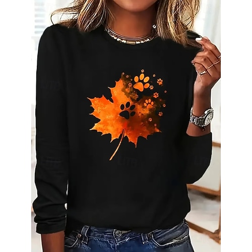  Femmes T-shirt Graphique Plantes ancien Élégant Classique manche longue Col ras du cou Col rond Hauts Réguliers Quotidien Imprimé Noir Blanc Ecru Printemps Automne Hiver