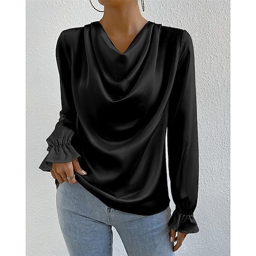  Per donna Camicia Camicia in raso Semplice Elegante Casual Manica Lunga Scollo a Cascata Top Regolari Quotidiano Uscire Drappeggiato Nero Rosa Verde Albicocca Primavera Autunno
