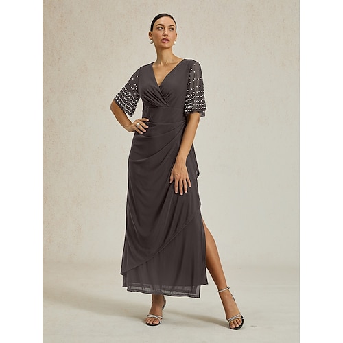 Femmes Robe maxi Robe fourreau Élégant Couleur Unie Manche Courte Col en V Gris foncé Été Printemps Automne  Femmes Robe maxi Robe fourreau Élégant Couleur Unie Manche Courte Col en V Gris foncé Été Printemps Automne