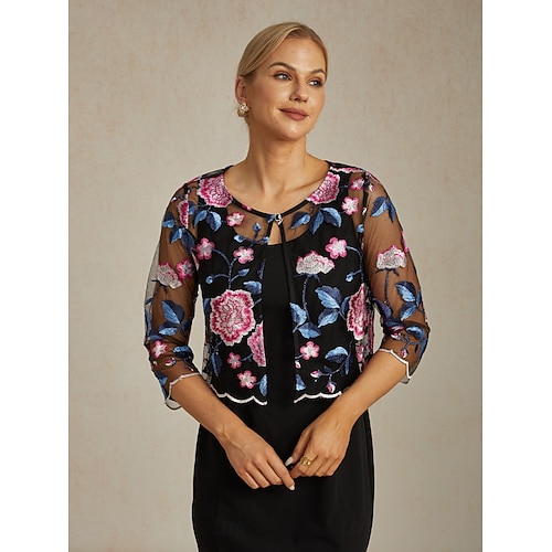  Dam Kavaj Lättvikt Spets Broderad Elegant Blommig Formell Kort Rund halsringning Normal 3/4 ärm Ytterkläder Fuchsia Sommar Vår