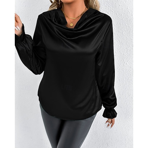  Per donna Camicia Camicia in raso Tinta unica Elegante Casual Manica Lunga Scollo a Cascata Top Regolari Quotidiano Uscire Drappeggiato Nero Rosa Verde Albicocca Primavera Autunno