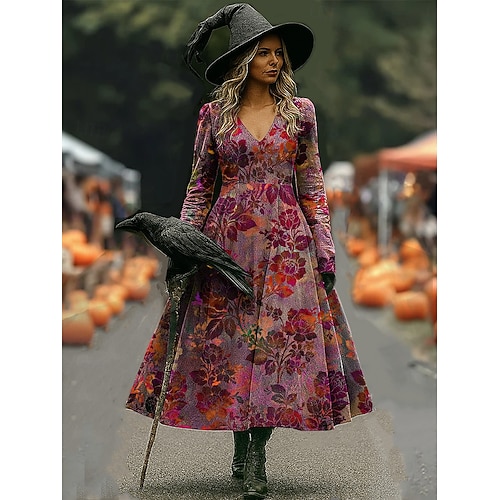  Halloween Per donna Abito maxi Abito a trapezio Vacanza Casual Boho Spiaggia Vestibilità regolare Floreale Grafico Manica Lunga Scollo a V Rosso Blu Viola Arancione Primavera Autunno