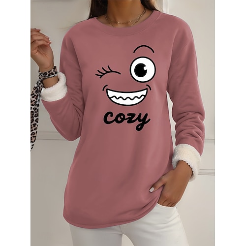  Pull-over pour femme, sweat-shirt graphique, chaud, décontracté, duveteux, manches longues, col rond, régulier, streetwear, décontracté, jaune, rose, rose foncé, bleu, gris, printemps, automne, hiver