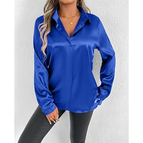  Per donna Camicia Camicia in raso Tinta unica Elegante Essenziale Casual Manica Lunga Colletto a Camicia Top Regolari Quotidiano Uscire Bottoni Rosso Blu marino Blu Reale Primavera Autunno
