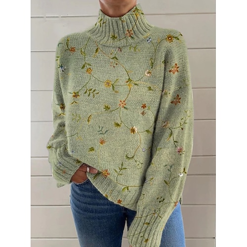  Dame Genser Elegant Mote Gatemote Blomstret Rullekrage Blomster Strikket Langermet Vanlige topper Strikke Arbeid Ut på byen Svart Gul Høst Vinter