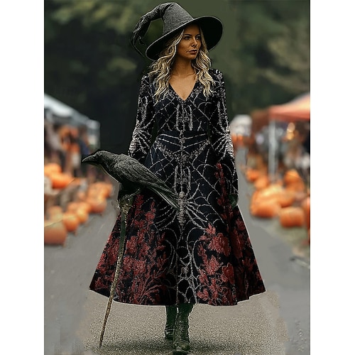  Halloween Dámské Maxi šaty Áčkové šaty prázdniny Na běžné nošení Cikánský Plážové Běžný Květinový Grafika Dlouhý rukáv Do V Černá Tmavě červená Fialová Rubínově červená Jaro Podzim
