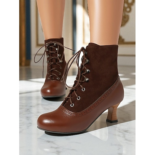  Botas femininas estilo vitoriano vintage, estilo anos 1920, com cadarço – botas de salto bicolores, marrom e verde-oliva, com detalhes em brogue para cosplay, steampunk e looks de outono