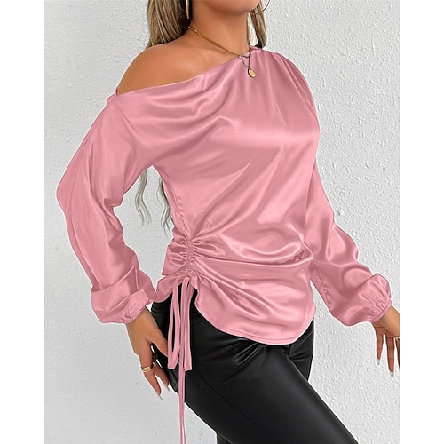  Dames Overhemd Satijnen overhemd Effen Kleur Stijlvol Casual Lange mouw Schouderafhangend koude schouder Normale tops Dagelijks Uitgaan Asymmetrisch Blozend Roze Abrikoos Lente Herfst