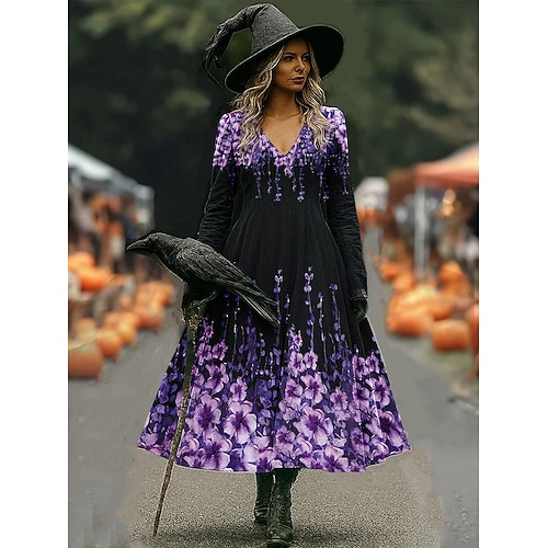  Halloween Women's Witch Print Maxi Dress A Line Dress Vacation Casual Boho Beach Regular Fit Floral Graphic Long Sleeve V Neck Deep Purple Black Pink Wine Spring Fall