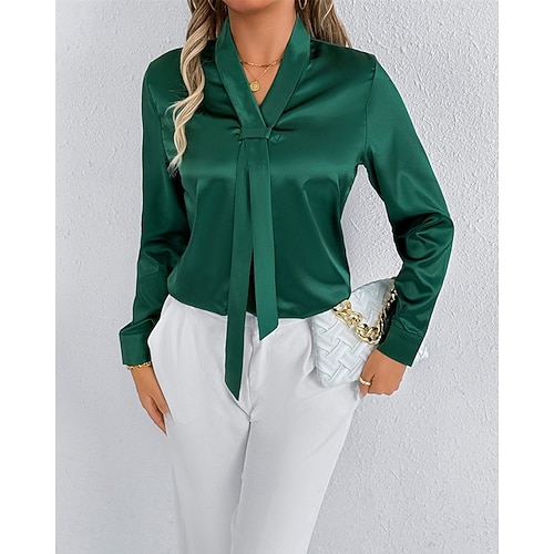  Per donna Camicia Camicia in raso Tinta unica Elegante Casual Manica Lunga Scollo a V Top Regolari Quotidiano Uscire Nodo frontale Verde Grigio chiaro Primavera Autunno