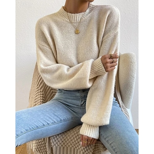  Femmes Pull Mode Occasionnel Couleur Unie Côtelé Col montant Tricoté manche longue Hauts Réguliers Tricoter Extérieur Quotidien Week-end Abricot Automne Hiver