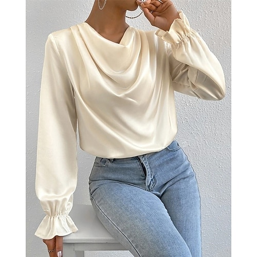 Per donna Camicia Camicia in raso Semplice Elegante Casual Manica Lunga Scollo a Cascata Top Regolari Quotidiano Uscire Drappeggiato Nero Rosa Verde Albicocca Primavera Autunno
