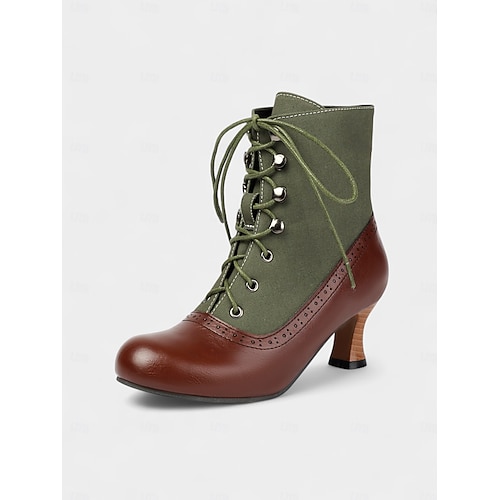  Botas femininas estilo vitoriano vintage, estilo anos 1920, com cadarço – botas de salto bicolores, marrom e verde-oliva, com detalhes em brogue para cosplay, steampunk e looks de outono