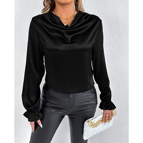 Per donna Camicia Camicia in raso Tinta unica Elegante Casual Manica Lunga Scollo a Cascata Top Regolari Quotidiano Uscire Drappeggiato Nero Rosa Verde Albicocca Primavera Autunno