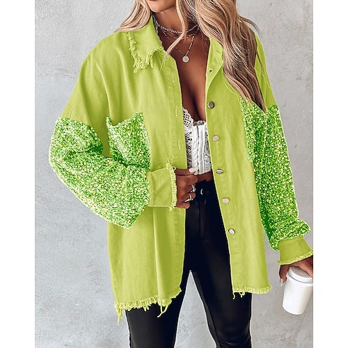  Women's Casual Jacket Comfortable Breathable Pocket Buttons Casual Color Block Vacation Street Casual Daily Wear Single Breasted Regular Turndown Regular Fit Long Sleeve Outerwear Green Spring Fall