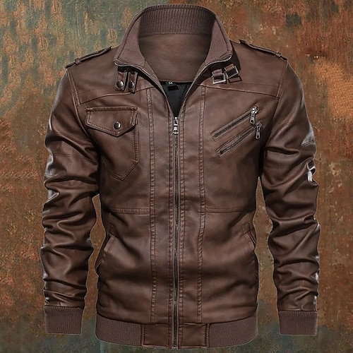 Herren Kunstlederjacke Bikerjacke Motorradjacke Urlaub Täglich Winddicht Warm Tasche Herbst Winter Einfach Mode Klassisch Stehkragen Regulär Rote Grau Jacken