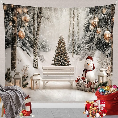 Weihnachts-Wandteppich zum Aufhängen, Frohe Weihnachten, Weihnachtsbaum, Schneemann, Schneeflocken, große Wandkunst, Wandbild, Dekor, Decke, Vorhang, Ferienhaus, Schlafzimmer, Wohnzimmer, festliche, saisonale Party, Feier, Dekoration 2026