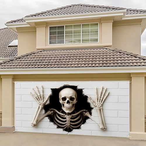  Halloween garageportsskydd vit skalle hängande gobeläng hemsökt husdekoration kuslig utomhus halloweendekor kuslig skräck festtillbehör för gård trädgård garageingång