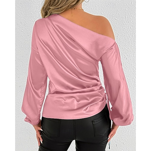  Dames Overhemd Satijnen overhemd Effen Kleur Stijlvol Casual Lange mouw Schouderafhangend koude schouder Normale tops Dagelijks Uitgaan Asymmetrisch Blozend Roze Abrikoos Lente Herfst
