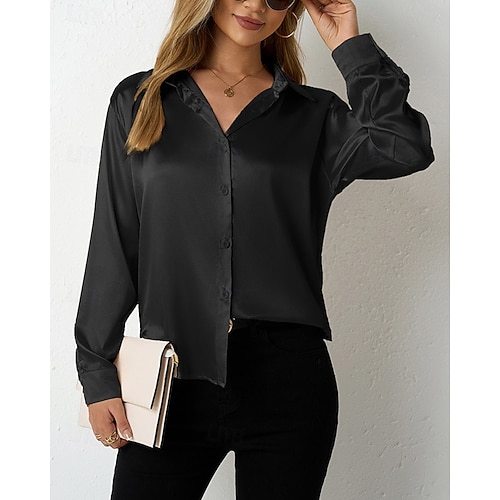  Per donna Camicia Camicia in raso Tinta unica Vintage Tropicale Elegante Manica Lunga Scollo a V Colletto a Camicia Top Regolari Quotidiano Uscire Bottoni Nero Cammello Marrone Grigio scuro Grigio